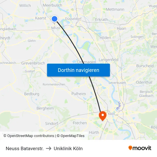 Neuss Bataverstr. to Uniklinik Köln map