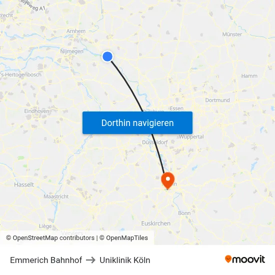 Emmerich Bahnhof to Uniklinik Köln map