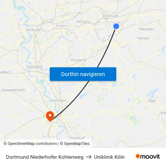 Dortmund Niederhofer Kohlenweg to Uniklinik Köln map
