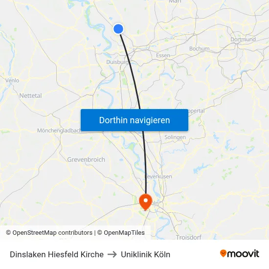 Dinslaken Hiesfeld Kirche to Uniklinik Köln map