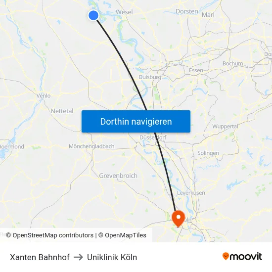 Xanten Bahnhof to Uniklinik Köln map