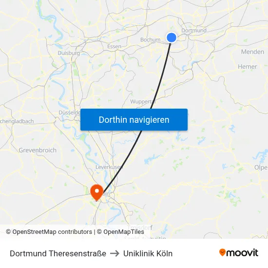 Dortmund Theresenstraße to Uniklinik Köln map