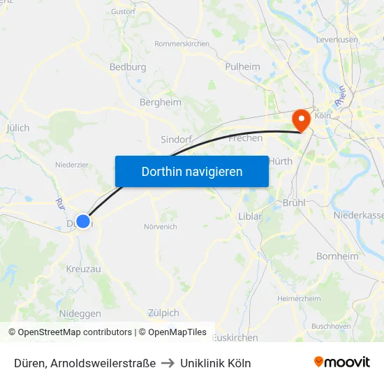 Düren, Arnoldsweilerstraße to Uniklinik Köln map