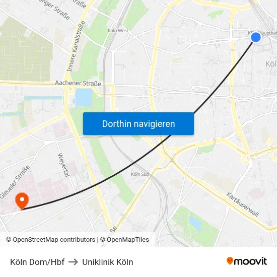 Köln Dom/Hbf to Uniklinik Köln map