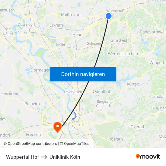 Wuppertal Hbf to Uniklinik Köln map