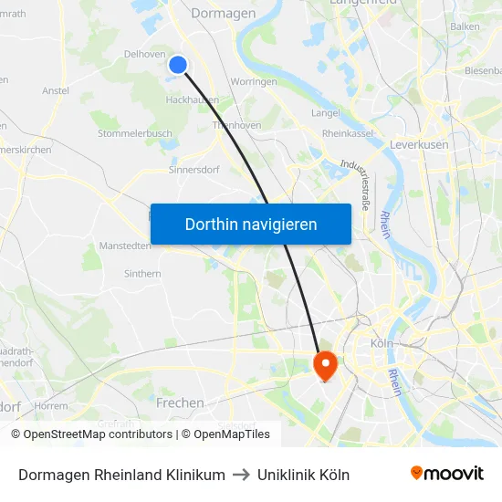 Dormagen Rheinland Klinikum to Uniklinik Köln map
