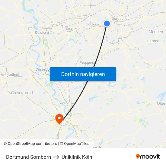 Dortmund Somborn to Uniklinik Köln map