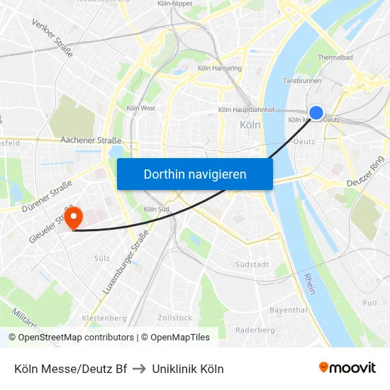 Köln Messe/Deutz Bf to Uniklinik Köln map