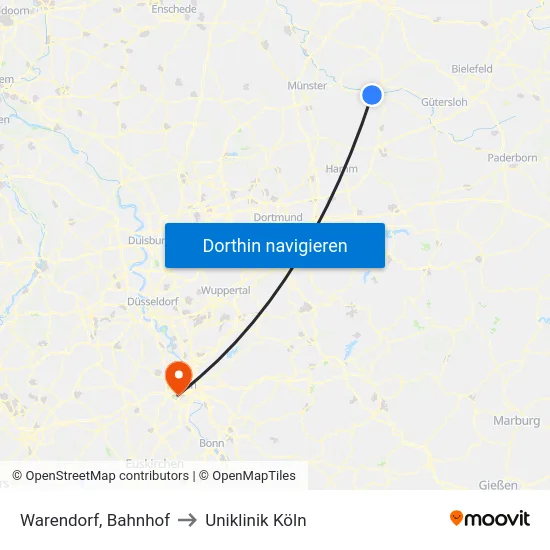 Warendorf, Bahnhof to Uniklinik Köln map