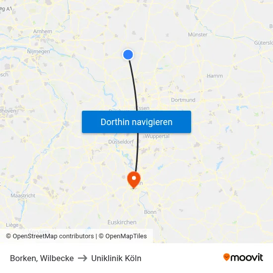 Borken, Wilbecke to Uniklinik Köln map