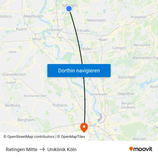Ratingen Mitte to Uniklinik Köln map