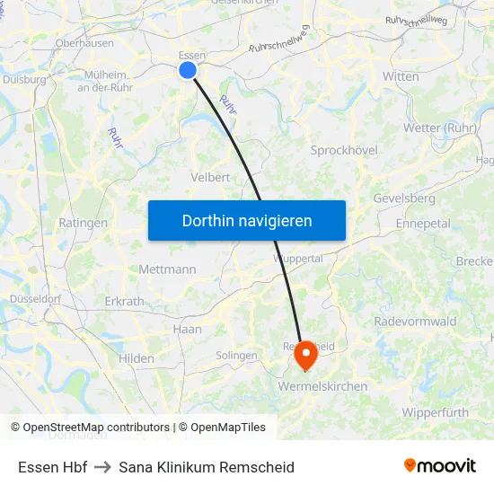 Essen Hbf to Sana Klinikum Remscheid map