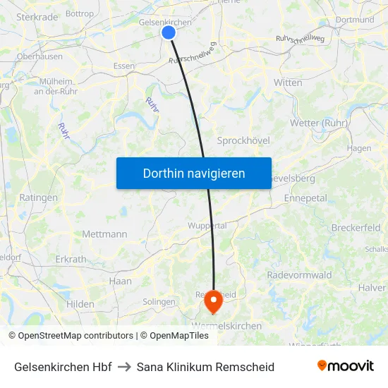 Gelsenkirchen Hbf to Sana Klinikum Remscheid map