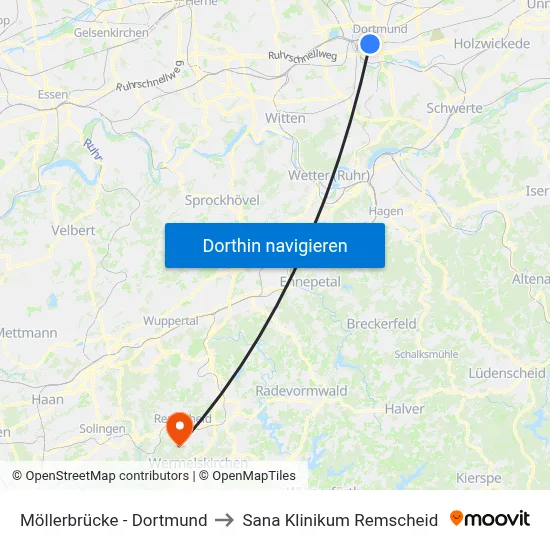 Möllerbrücke - Dortmund to Sana Klinikum Remscheid map