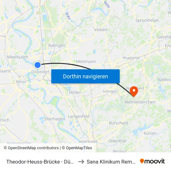 Theodor-Heuss-Brücke - Düsseldorf to Sana Klinikum Remscheid map