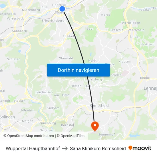 Wuppertal Hauptbahnhof to Sana Klinikum Remscheid map