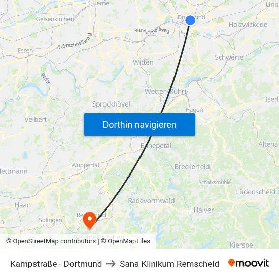 Kampstraße - Dortmund to Sana Klinikum Remscheid map