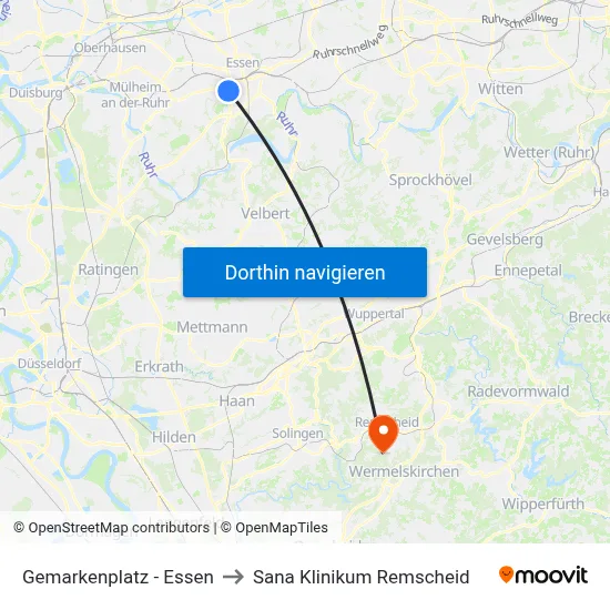 Gemarkenplatz - Essen to Sana Klinikum Remscheid map