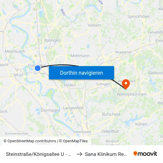 Steinstraße/Königsallee U - Düsseldorf to Sana Klinikum Remscheid map
