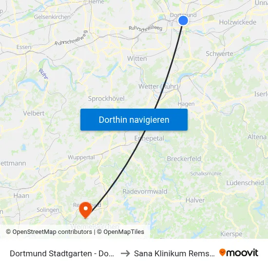 Dortmund Stadtgarten - Dortmund to Sana Klinikum Remscheid map