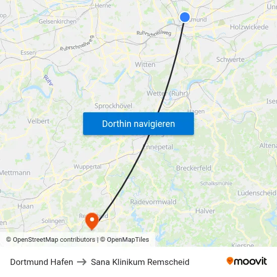 Dortmund Hafen to Sana Klinikum Remscheid map