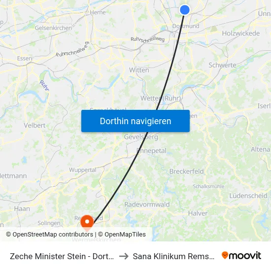 Zeche Minister Stein - Dortmund to Sana Klinikum Remscheid map