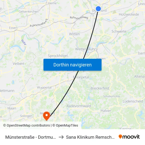 Münsterstraße - Dortmund to Sana Klinikum Remscheid map