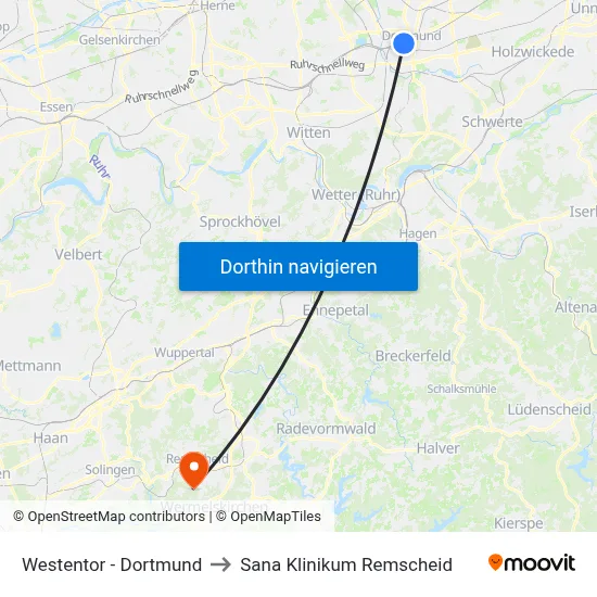 Westentor - Dortmund to Sana Klinikum Remscheid map