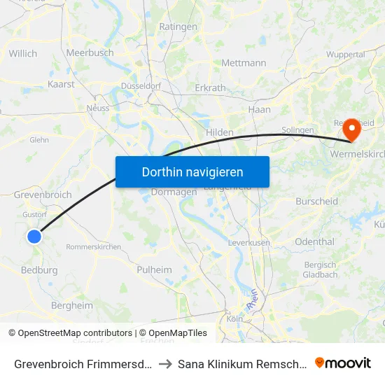Grevenbroich Frimmersdorf to Sana Klinikum Remscheid map