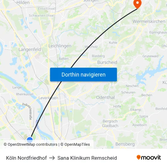 Köln Nordfriedhof to Sana Klinikum Remscheid map