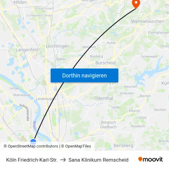 Köln Friedrich-Karl-Str. to Sana Klinikum Remscheid map