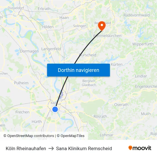 Köln Rheinauhafen to Sana Klinikum Remscheid map