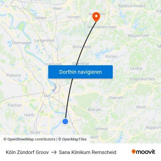 Köln Zündorf Groov to Sana Klinikum Remscheid map