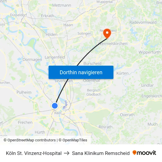 Köln St. Vinzenz-Hospital to Sana Klinikum Remscheid map