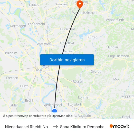 Niederkassel Rheidt Nord to Sana Klinikum Remscheid map