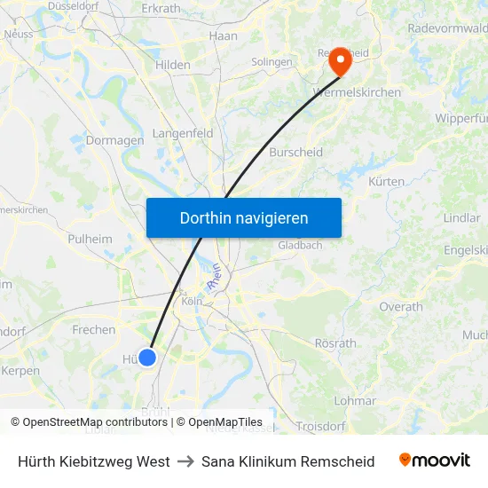 Hürth Kiebitzweg West to Sana Klinikum Remscheid map