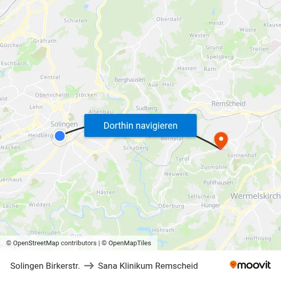 Solingen Birkerstr. to Sana Klinikum Remscheid map
