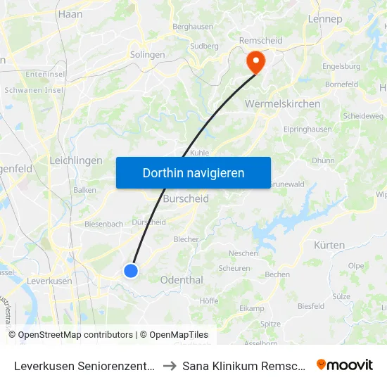 Leverkusen Seniorenzentrum to Sana Klinikum Remscheid map