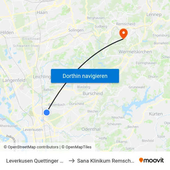 Leverkusen Quettinger Str. to Sana Klinikum Remscheid map