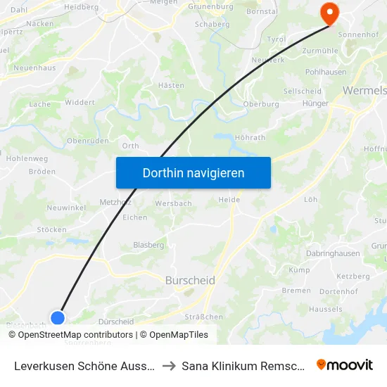 Leverkusen Schöne Aussicht to Sana Klinikum Remscheid map