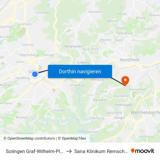 Solingen Graf-Wilhelm-Platz to Sana Klinikum Remscheid map