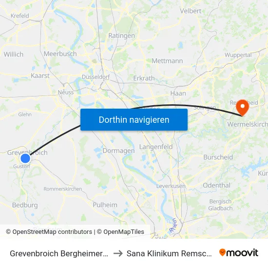 Grevenbroich Bergheimer Str. to Sana Klinikum Remscheid map