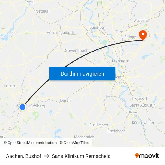 Aachen, Bushof to Sana Klinikum Remscheid map