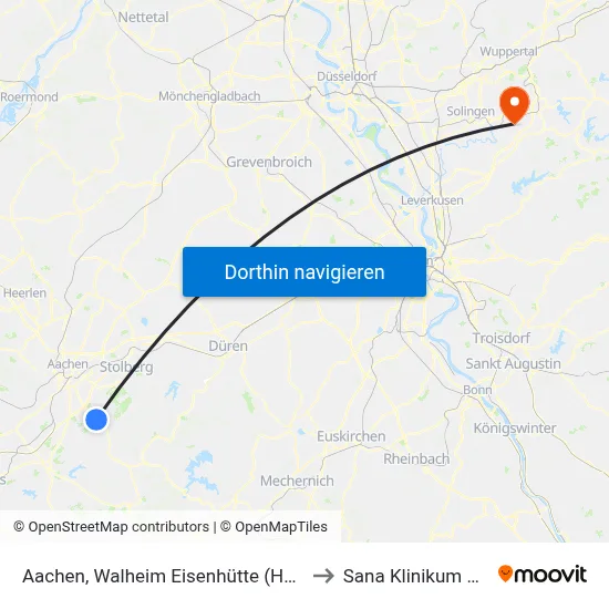 Aachen, Walheim Eisenhütte (Hospiz am Iterbach) to Sana Klinikum Remscheid map