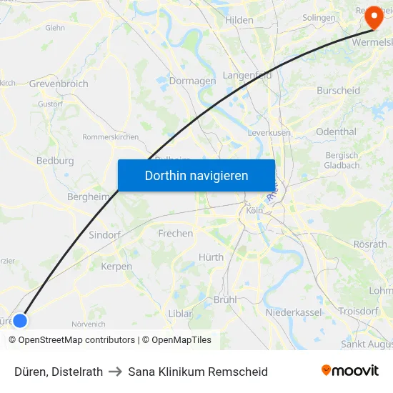 Düren, Distelrath to Sana Klinikum Remscheid map