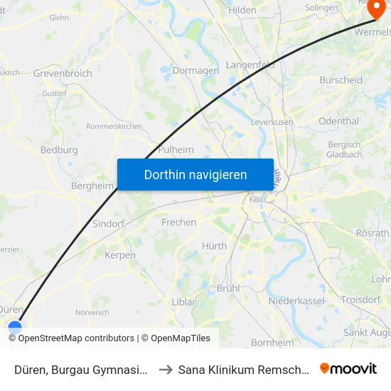 Düren, Burgau Gymnasium to Sana Klinikum Remscheid map