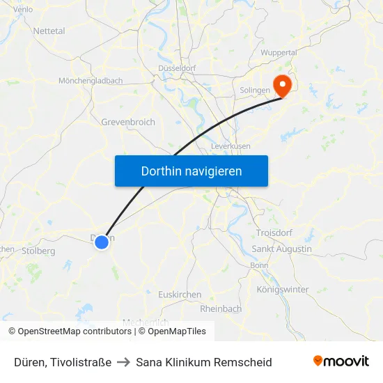 Düren, Tivolistraße to Sana Klinikum Remscheid map