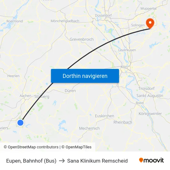 Eupen, Bahnhof (Bus) to Sana Klinikum Remscheid map