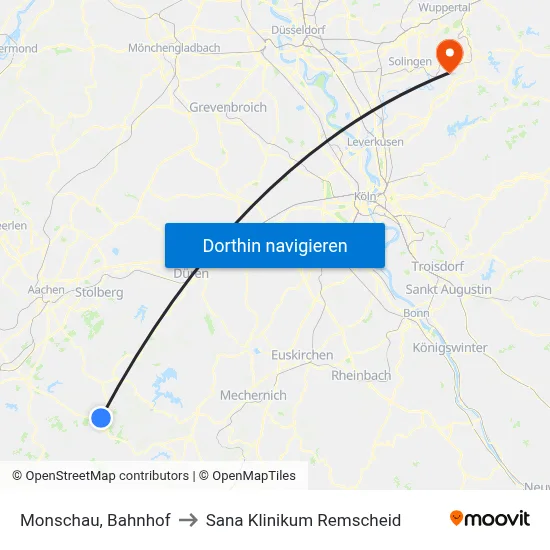 Monschau, Bahnhof to Sana Klinikum Remscheid map
