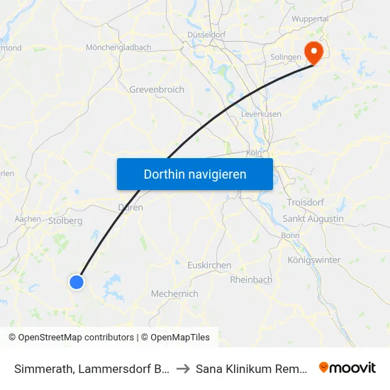 Simmerath, Lammersdorf Bahnhof to Sana Klinikum Remscheid map